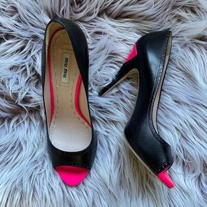 Miu Miu Black & Pink Peep Toe Leather Pumps